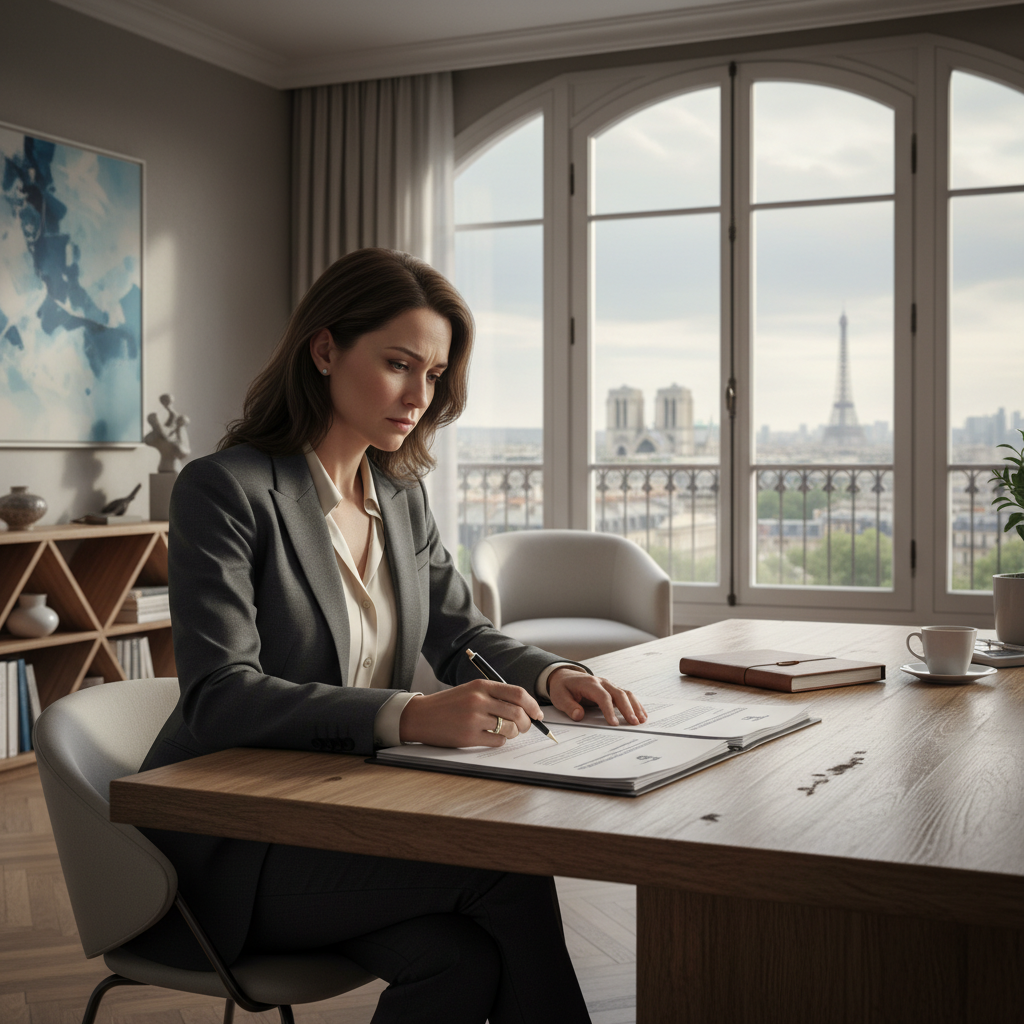 A photorealistic image depicting a professional adult employee in a modern office setting in France, looking thoughtful while reviewing paperwork on a desk, symbolizing the end of employment without showing any actual legal documents.