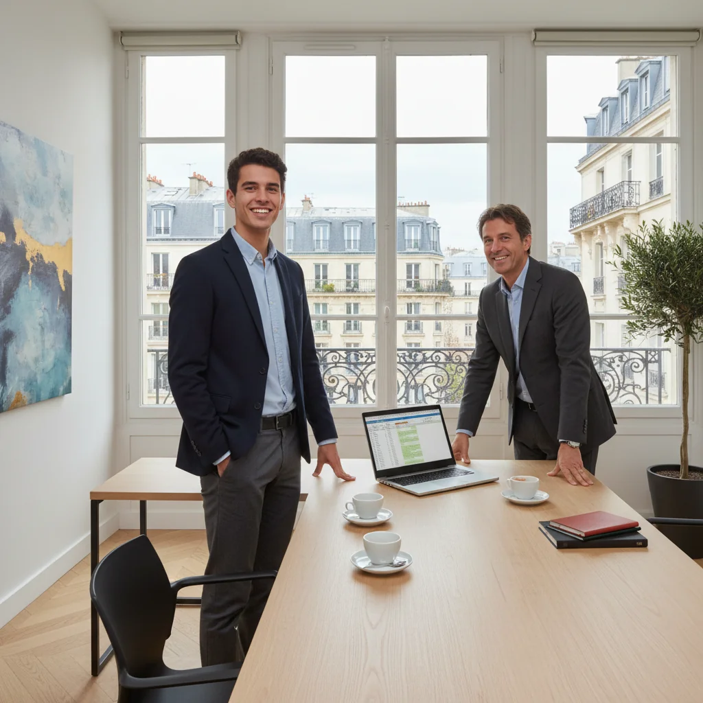 A photorealistic image of a young adult intern in a professional office setting in France, shaking hands with a mentor or supervisor, symbolizing the start of a training internship, with subtle French elements like a flag or Eiffel Tower in the background.