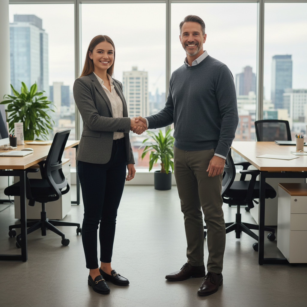 A photorealistic image of a young adult professional in a modern office setting, shaking hands with a supervisor during an internship orientation, symbolizing the start of a practical work experience with mutual rights and obligations, no children or legal documents visible.