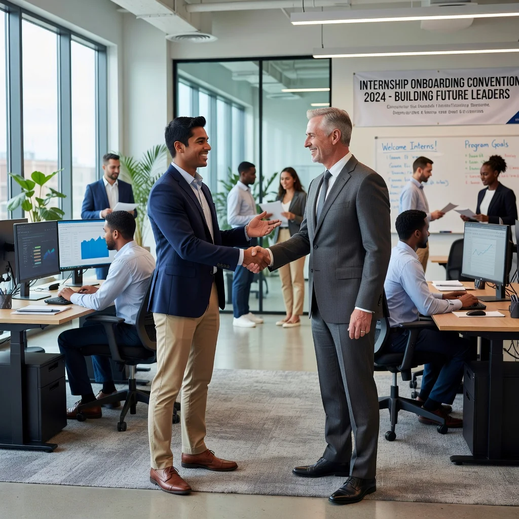 A photorealistic image of a young adult intern in a professional office setting, shaking hands with a supervisor during an onboarding meeting, symbolizing the start of an effective internship agreement. The scene conveys enthusiasm, professionalism, and collaboration among adults only, with no children present.