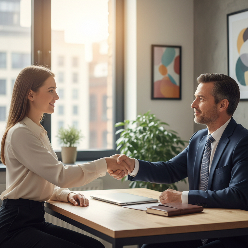 A photorealistic image of a young adult professional shaking hands with a mentor in a modern office setting, symbolizing the start of an internship agreement, with a subtle background of a workspace desk and computer, conveying professionalism and opportunity without focusing on any documents.