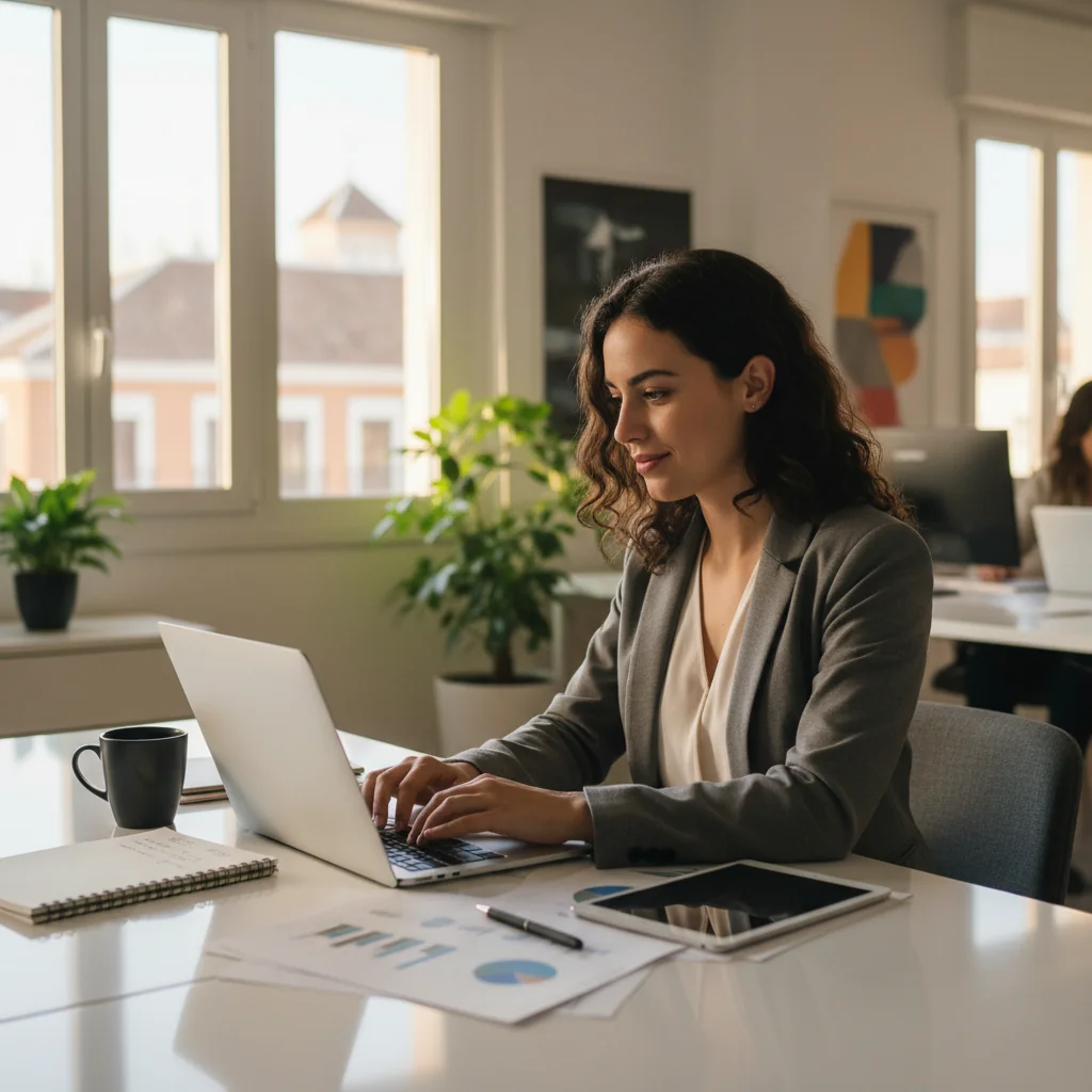 A photorealistic image of a young adult professional in their early 20s, dressed in business casual attire, sitting at a modern office desk with a laptop, engaged in focused work, symbolizing the start of a practical training internship in Spain. The background shows a contemporary Spanish workplace with subtle elements like a flag or architecture hint, conveying opportunity and professional growth. No children are present in the image.