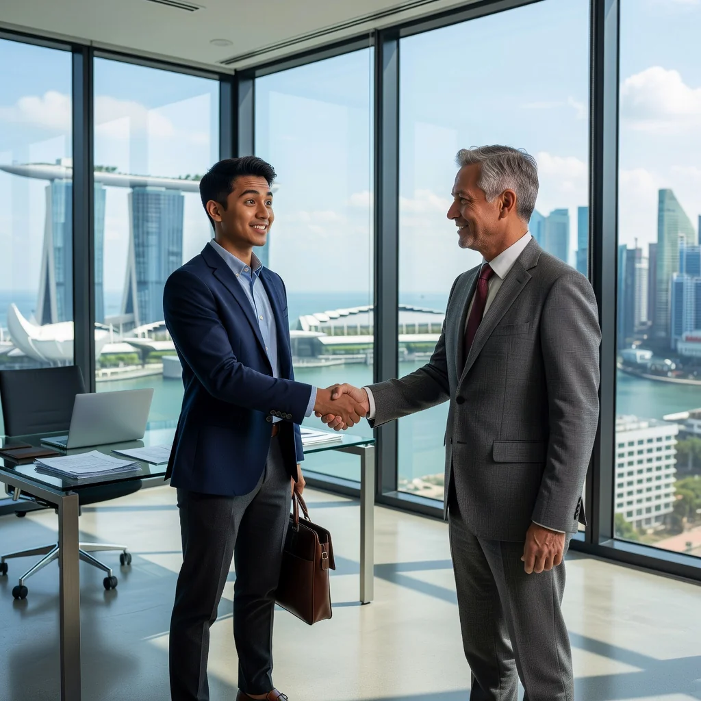 A photorealistic image of a young adult intern in a modern Singapore office, shaking hands with a professional mentor across a desk, symbolizing the start of an internship agreement. The scene conveys professionalism, opportunity, and career growth in a diverse, urban Singapore setting with subtle city skyline in the background. No children are present in the image.
