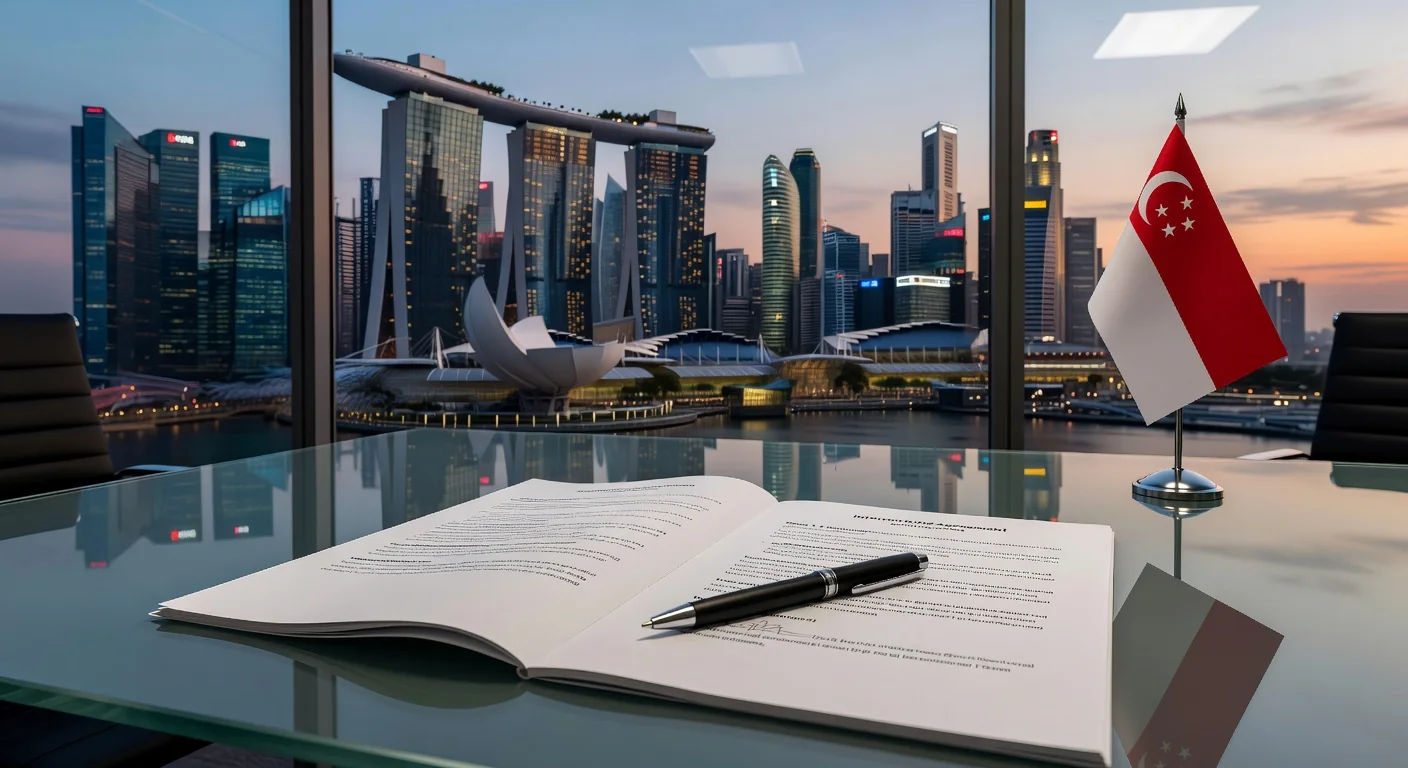 Singapore skyline with legal documents