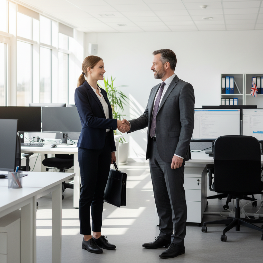 A photorealistic image of a young adult intern in a professional office setting, shaking hands with a business professional across a desk, symbolizing the start of an internship agreement. The scene conveys compliance and professionalism in a UK business environment, with modern office decor in the background. No children are present.