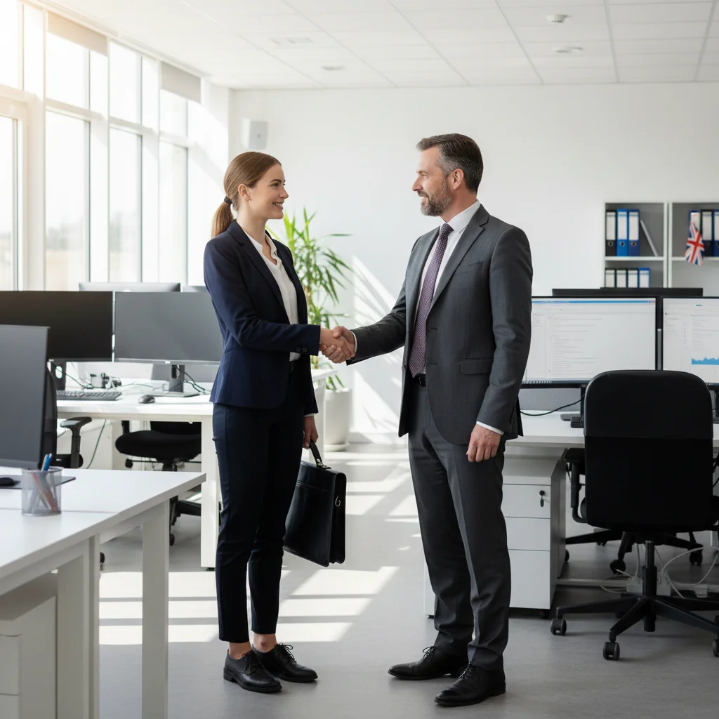 A photorealistic image of a young adult intern in a professional office setting, shaking hands with a business professional across a desk, symbolizing the start of an internship agreement. The scene conveys compliance and professionalism in a UK business environment, with modern office decor in the background. No children are present.