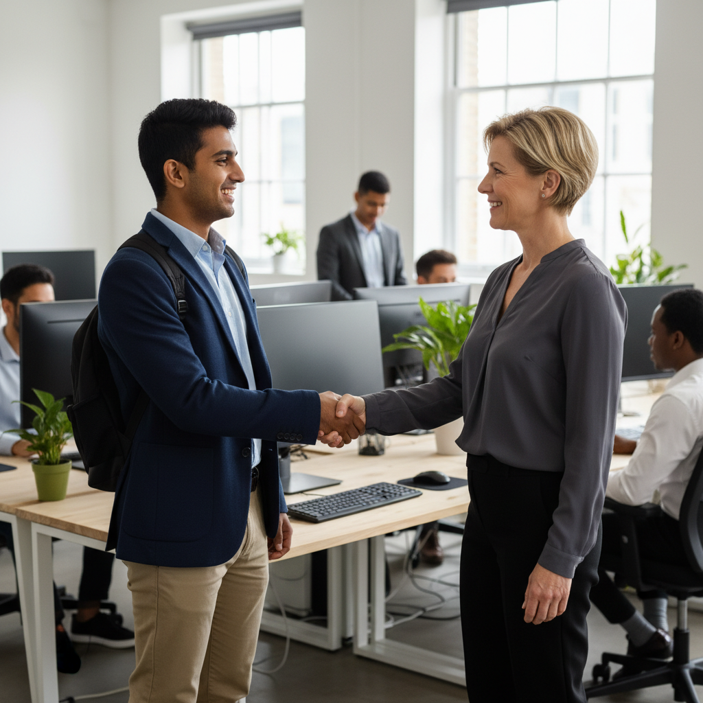 A photorealistic image of a young adult intern in a professional office environment, shaking hands with a supervisor at the start of an internship, symbolizing the beginning of a mandatory training period, with no legal documents visible, ensuring a positive and professional atmosphere.
