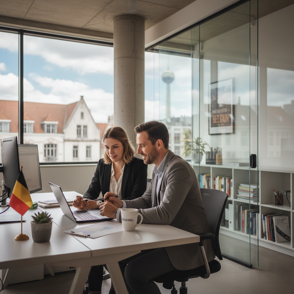 A photorealistic image of a young adult intern in a professional office setting in Belgium, engaging in a productive task like working on a computer or discussing with a supervisor, symbolizing the start of a career through an internship agreement.