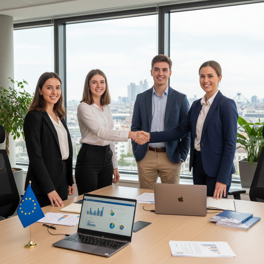 A photorealistic image of young adult Belgian university students in a professional internship setting, such as an office or workplace, shaking hands with a supervisor, symbolizing the start of a legal internship agreement, with subtle Belgian elements like a flag or Brussels architecture in the background. The image conveys professionalism, education, and opportunity for young adults only, no children present.