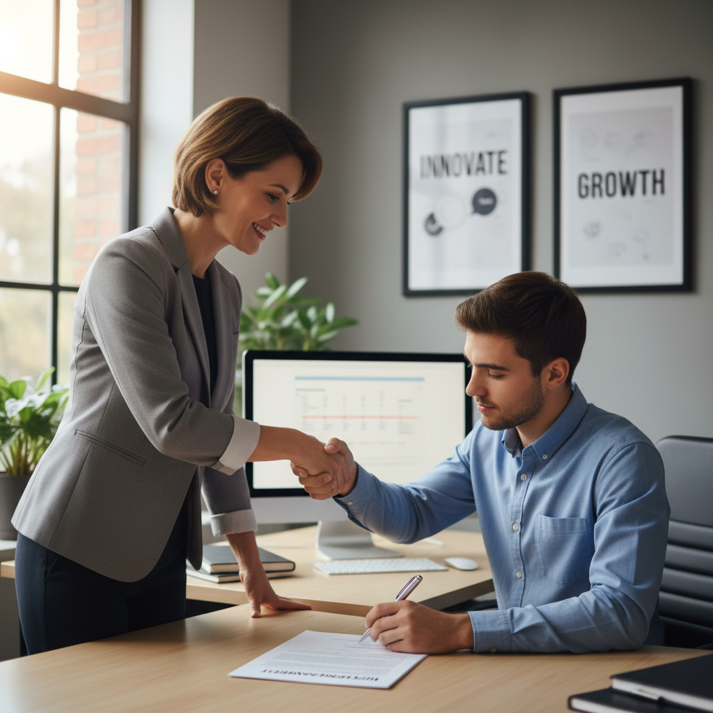 A photorealistic image of a young adult professional excitedly signing an internship agreement at a modern office desk, with a mentor or supervisor smiling nearby, symbolizing the transition from preparation to starting an internship, no children present.