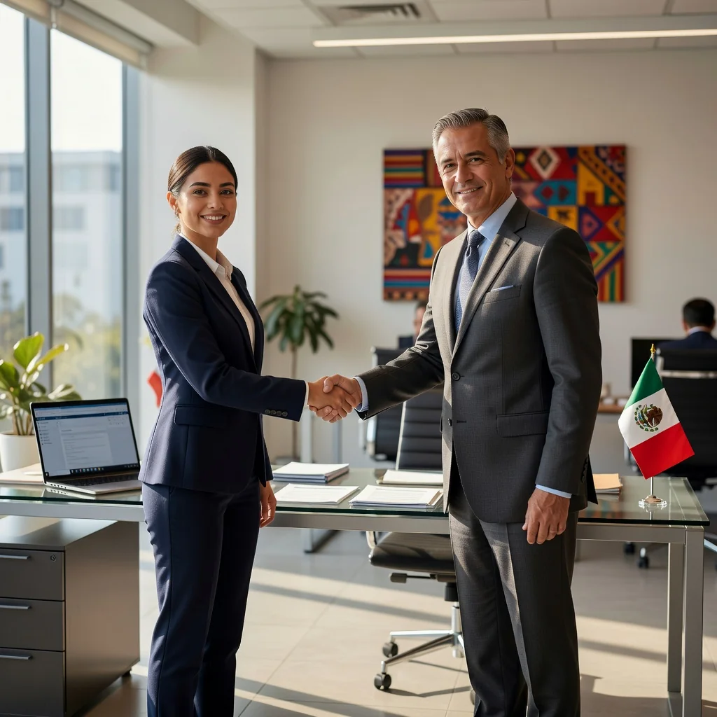 A photorealistic image of a young adult professional in a modern Mexican office setting, shaking hands with a mentor or supervisor during an internship orientation, symbolizing the start of professional practice experience in Mexico. The scene conveys enthusiasm, learning, and career development, with elements like a laptop, notebooks, and subtle Mexican cultural touches like a flag or traditional decor in the background. No children are present in the image.