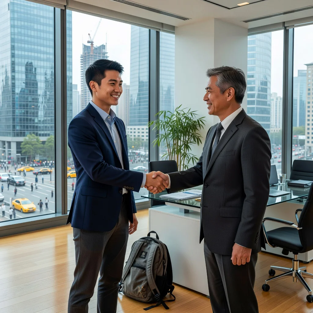 A photorealistic image of a young adult Chinese university student in a professional setting, shaking hands with a mentor or employer in a modern office environment, symbolizing the start of an internship. The student is dressed in business casual attire, looking enthusiastic and confident, with subtle Chinese cultural elements like a city skyline in the background. No legal documents are visible. The image focuses on opportunity, growth, and professional development for university students.