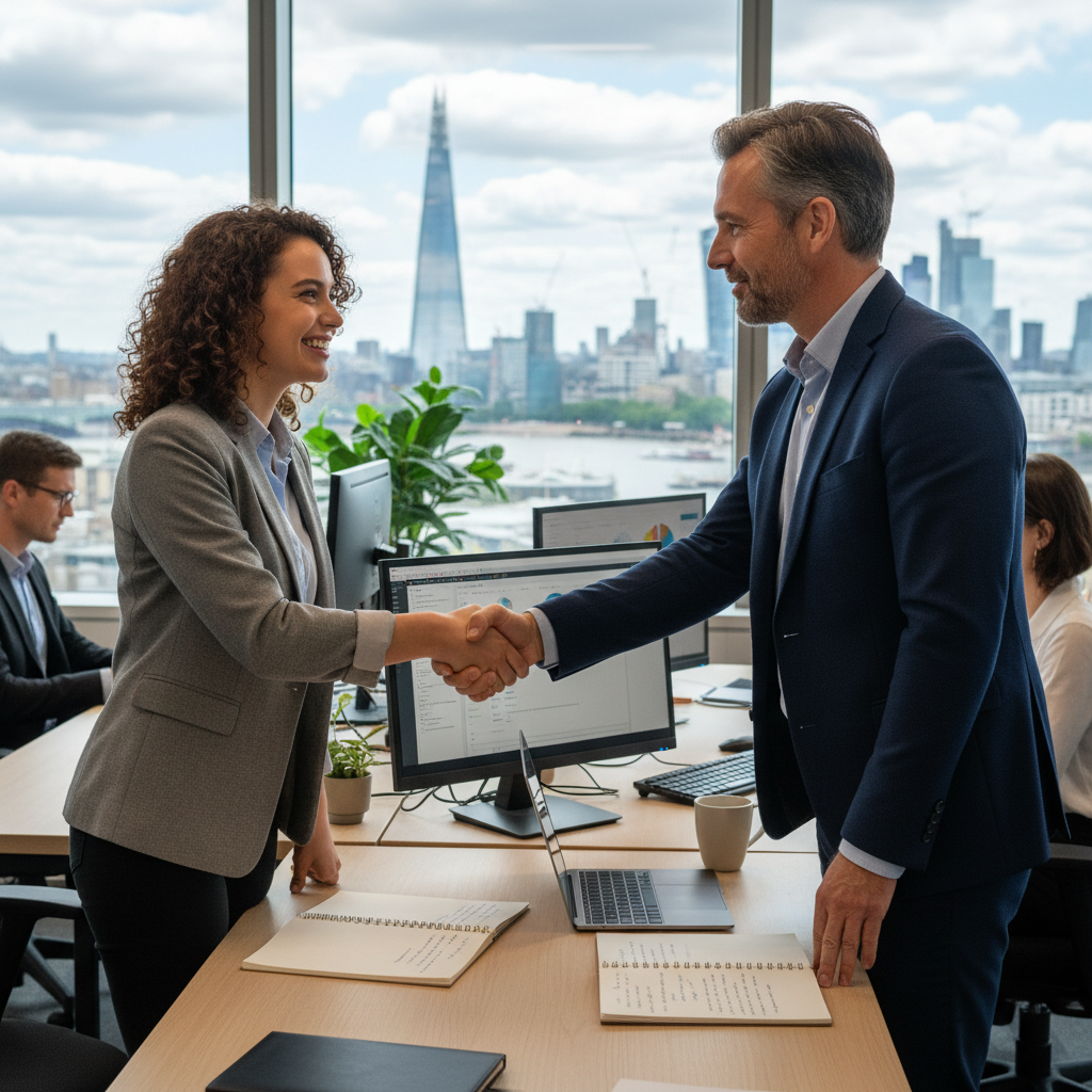 A photorealistic image of a young adult professional in a modern UK office setting, shaking hands with a mentor or supervisor during an internship orientation, symbolizing the start of a professional journey and agreement, with subtle British elements like a Union Jack flag in the background, no children present.