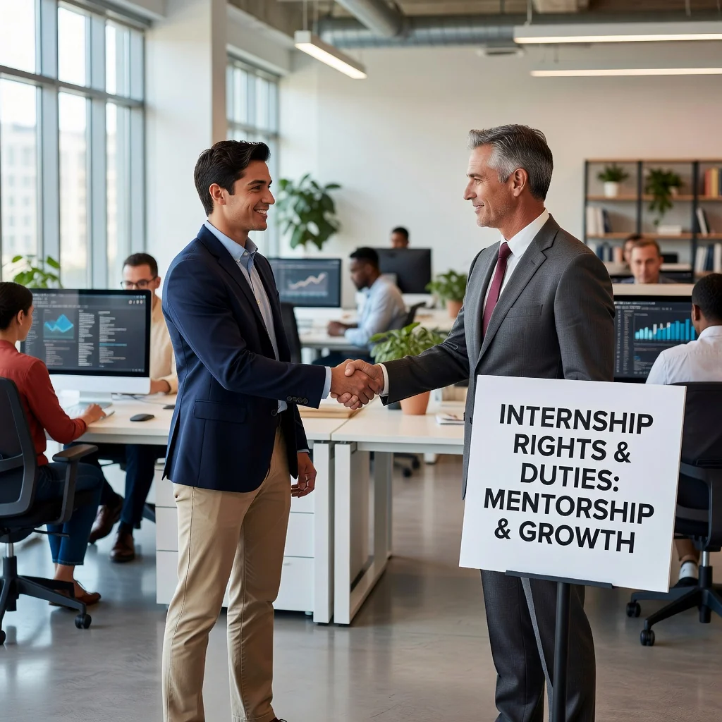 A photorealistic image depicting a young adult intern in a professional office environment, shaking hands with a mentor or supervisor, symbolizing the rights and obligations in internship agreements. The scene conveys collaboration, learning, and professional growth, with no legal documents visible.