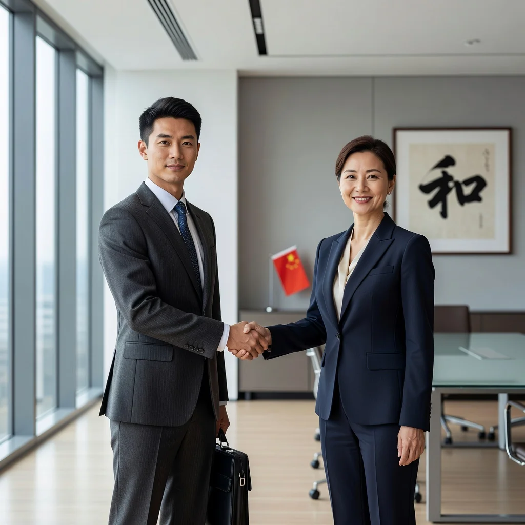 A photorealistic image of a young adult Chinese intern in a professional office setting, shaking hands with a supervisor during an orientation meeting, symbolizing the start of an internship agreement. The scene captures a positive and collaborative atmosphere with modern office background, no children present.