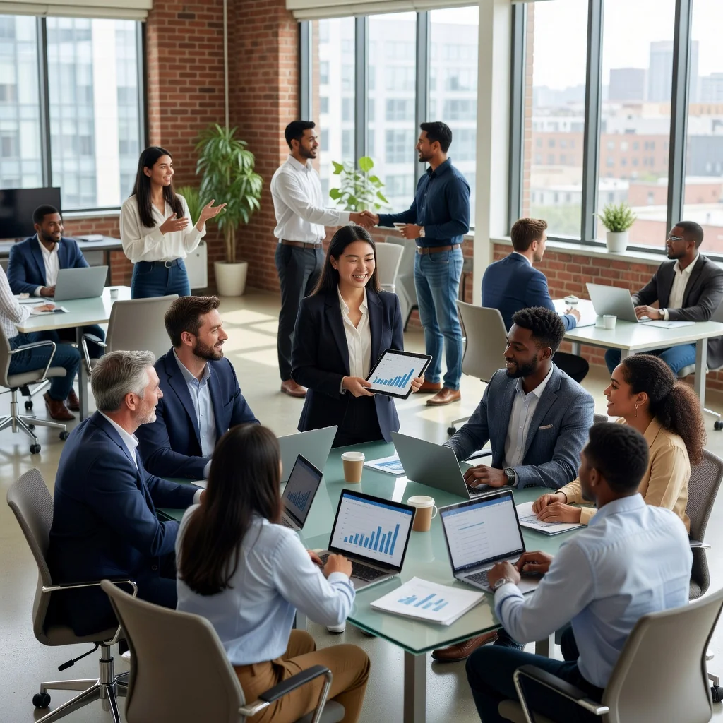 A photorealistic image of diverse young adult university students in professional settings, such as an intern collaborating with colleagues in a modern office, shaking hands with a mentor, or attending a professional development workshop, symbolizing the benefits of professional practice agreements for students. No children are present in the image.