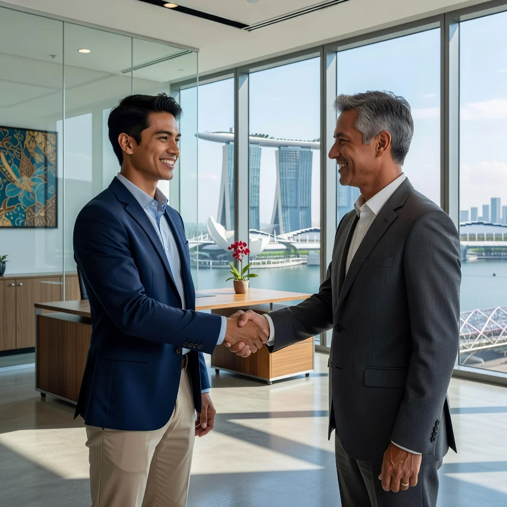A photorealistic image of a young adult intern in a modern Singapore office, shaking hands with a professional employer across a desk, symbolizing the start of an internship agreement. The scene captures excitement and professionalism, with Singapore skyline visible through the window in the background. No children are present.