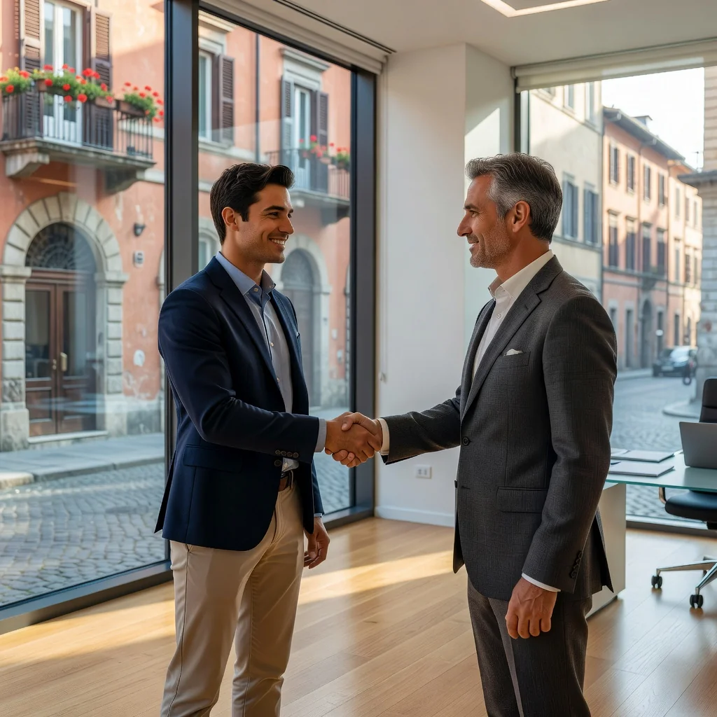 A photorealistic image of a young adult intern in a professional office setting in Italy, shaking hands with a mentor or supervisor, symbolizing the start of a stage or internship, with Italian cultural elements like a window view of a historic cityscape in the background. The scene conveys opportunity, learning, and professional growth.