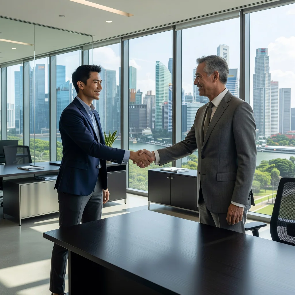 A photorealistic image depicting a young adult intern in a modern Singapore office environment, shaking hands with a professional mentor, symbolizing the start of an internship agreement. The scene captures excitement and professionalism, with elements like the Singapore skyline visible through the window, but no legal documents or text in the image. No children are present.