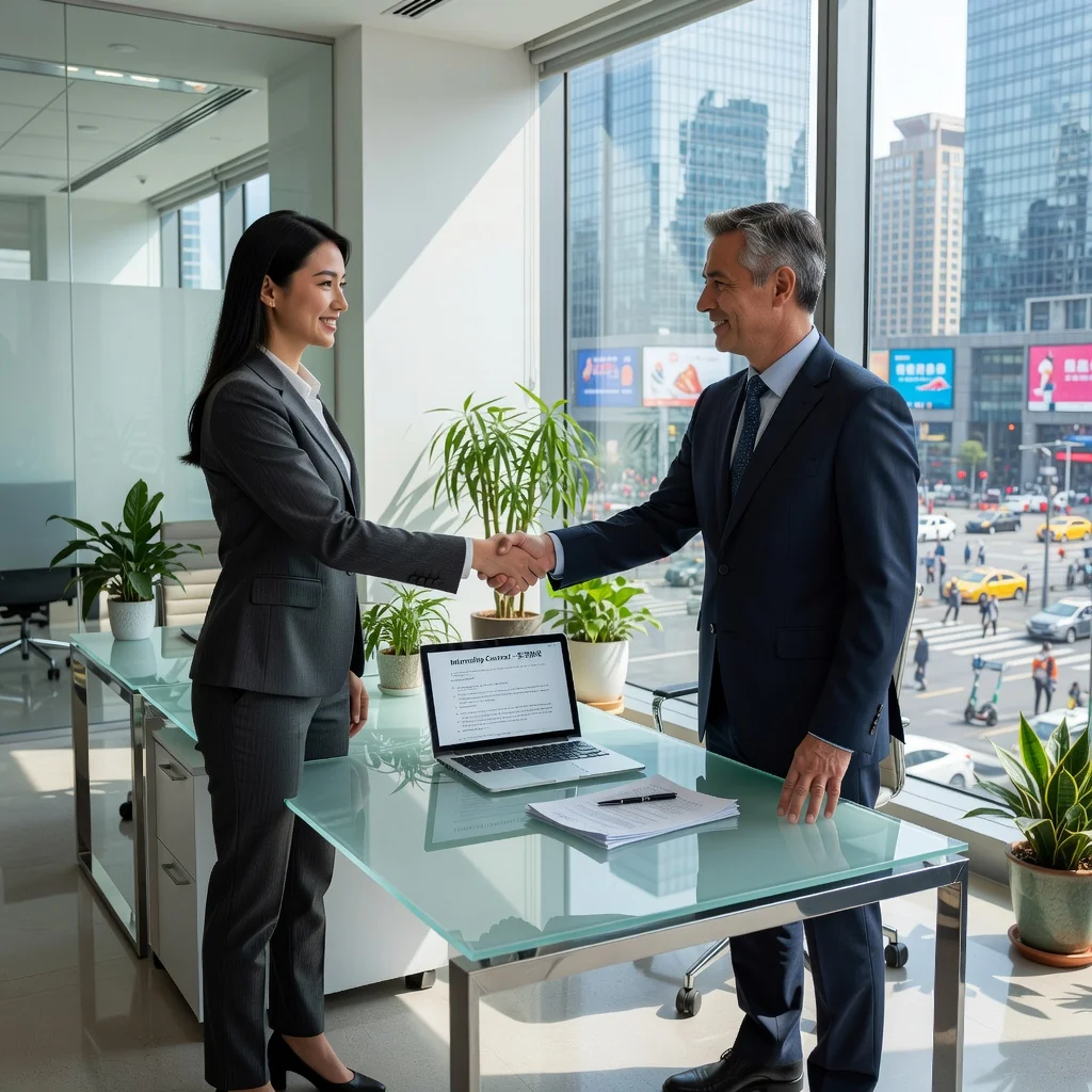 A photorealistic image of a young adult Chinese intern in a modern office environment, shaking hands with a supervisor during an internship orientation, symbolizing agreement and professional start, with subtle Chinese cultural elements like a city skyline in the background, no children present.