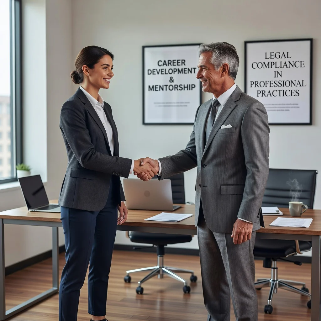 A photorealistic image of a young adult professional in a modern office setting, shaking hands with a mentor or supervisor, symbolizing the start of a professional internship or apprenticeship, with elements like a laptop and notebooks nearby, conveying opportunity and professional growth. No children are present in the image.