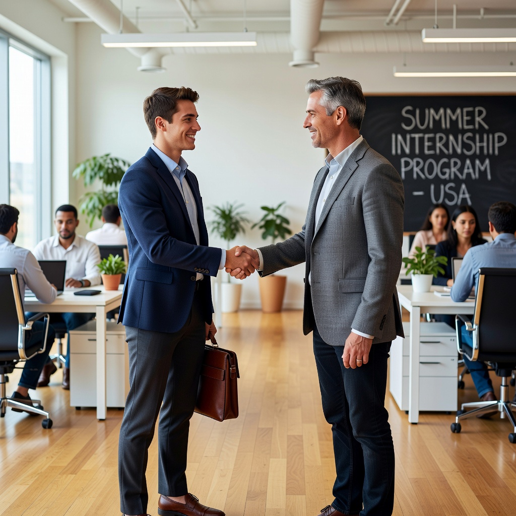 A photorealistic image depicting a young adult intern in a professional office environment, shaking hands with a mentor or supervisor, symbolizing the start of an internship agreement. The scene conveys professionalism, learning, and career development, with modern office elements in the background. No children are present in the image.