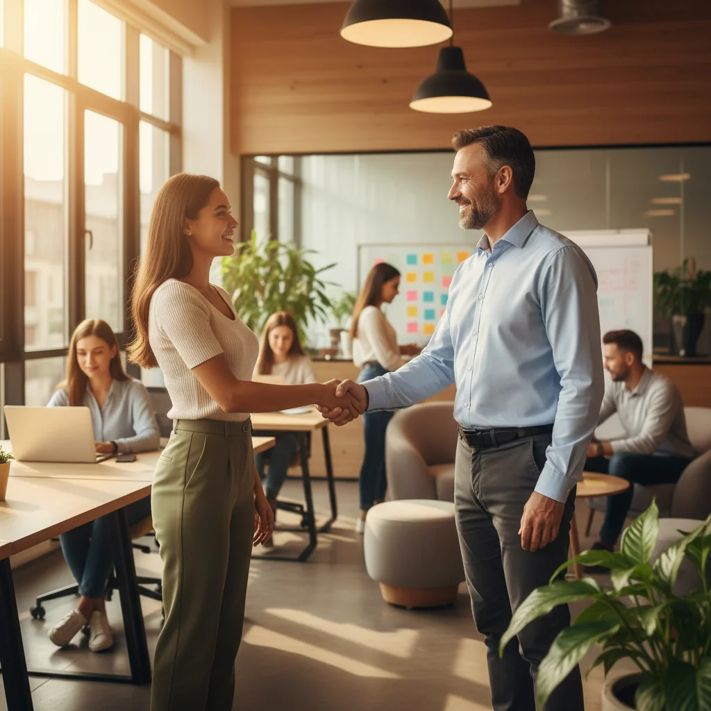 A vibrant and professional scene depicting a young intern in a modern office environment, shaking hands with a mentor or supervisor, symbolizing the start of an internship opportunity and the importance of clear agreements in professional development.