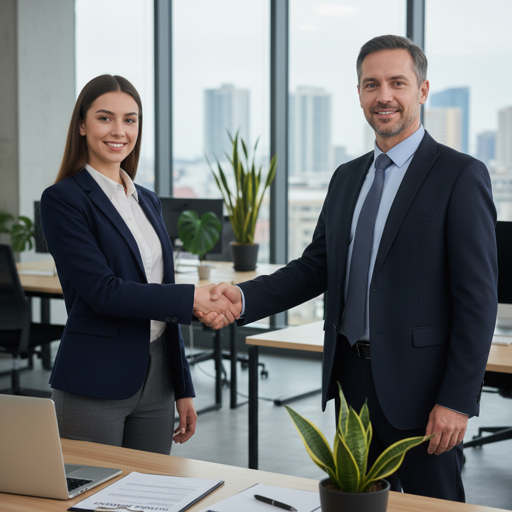 A photorealistic image of a young adult intern in a professional office environment, shaking hands with a mentor or supervisor, symbolizing the start of an internship agreement and the associated legal rights and obligations, with modern office background including desks and computers, no children present.