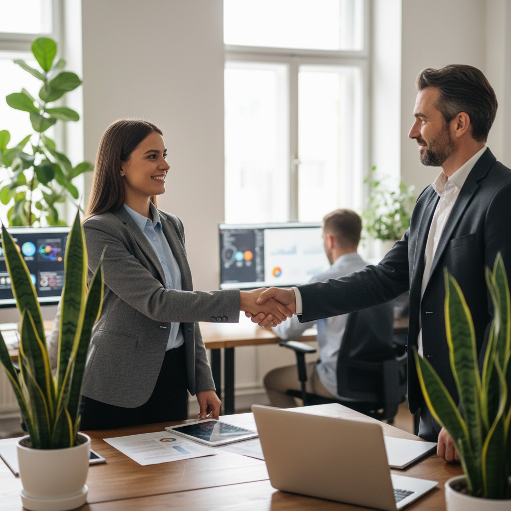 A photorealistic image of a young adult professional in a modern office setting, shaking hands with a mentor or supervisor during a job orientation, symbolizing the start of an internship or practical training experience. The scene conveys professionalism, learning, and career development, with no legal documents visible. Ensure no children are depicted.