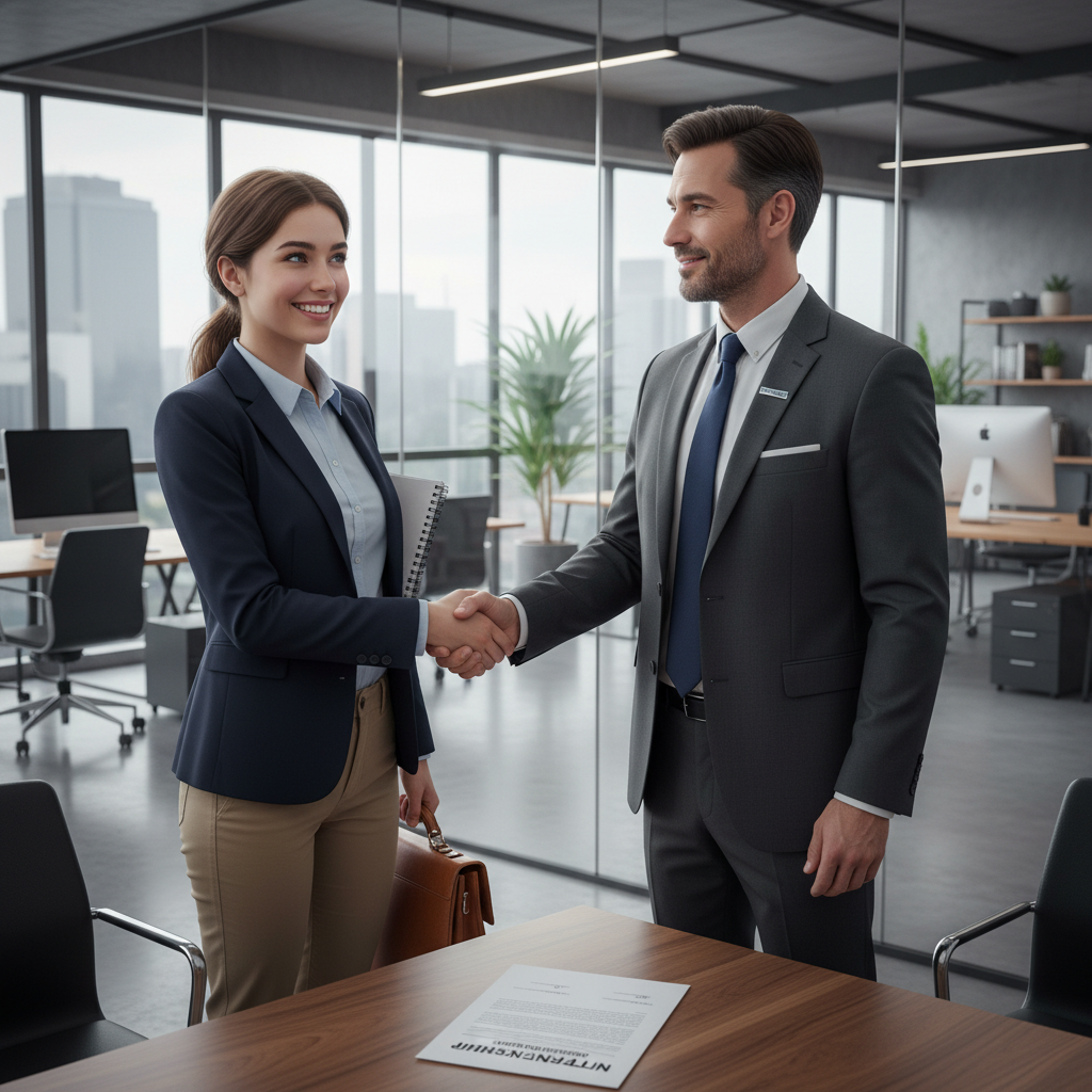 A photorealistic image of a young adult intern in a professional office setting, shaking hands with a mentor or supervisor, symbolizing the rights and obligations in an internship agreement. The scene conveys professionalism, learning, and collaboration, with modern office elements in the background.