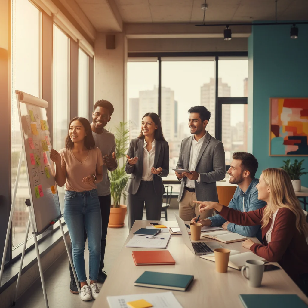 A diverse group of young interns in a professional office setting, shaking hands with a mentor, symbolizing opportunity, learning, and contractual agreements in internships without showing any documents.