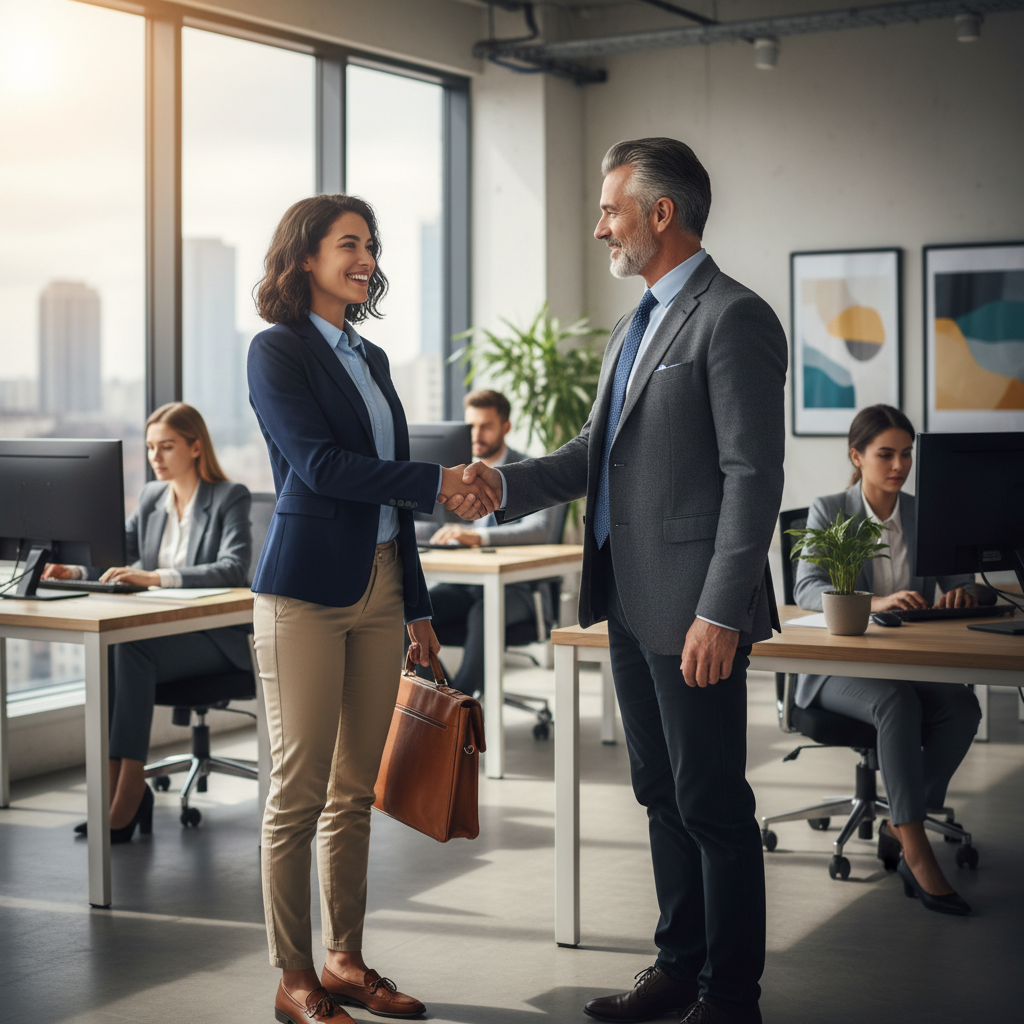 A photorealistic image of a young adult intern in a professional office environment, shaking hands with a mentor or supervisor, symbolizing the start of a practical internship experience. The scene conveys enthusiasm, learning, and professional growth, with modern office elements in the background, no legal documents visible, and no children present.