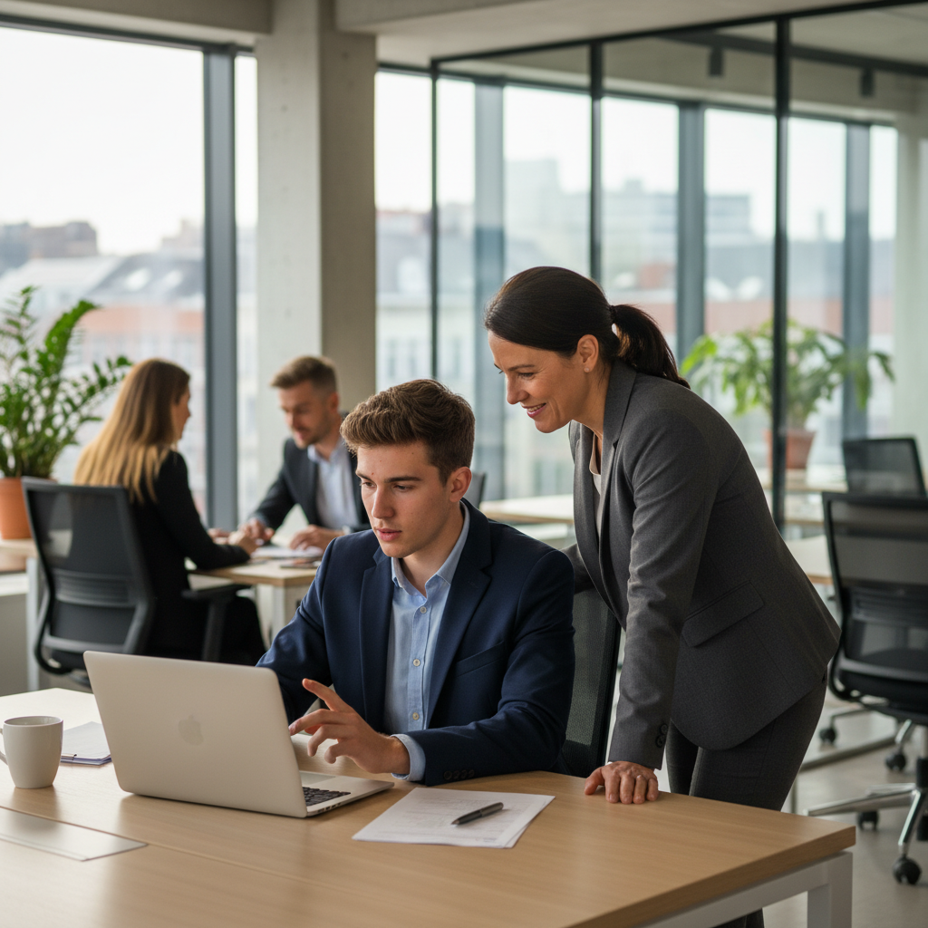 A photorealistic image of a young adult intern in a professional office environment in Belgium, engaged in a productive task such as working on a computer or discussing with a mentor, symbolizing the practical purpose of a stage convention or internship agreement. The scene should evoke opportunity, learning, and professional development in a modern Belgian workplace, with subtle Belgian elements like a flag or architecture in the background. No children are present in the image.