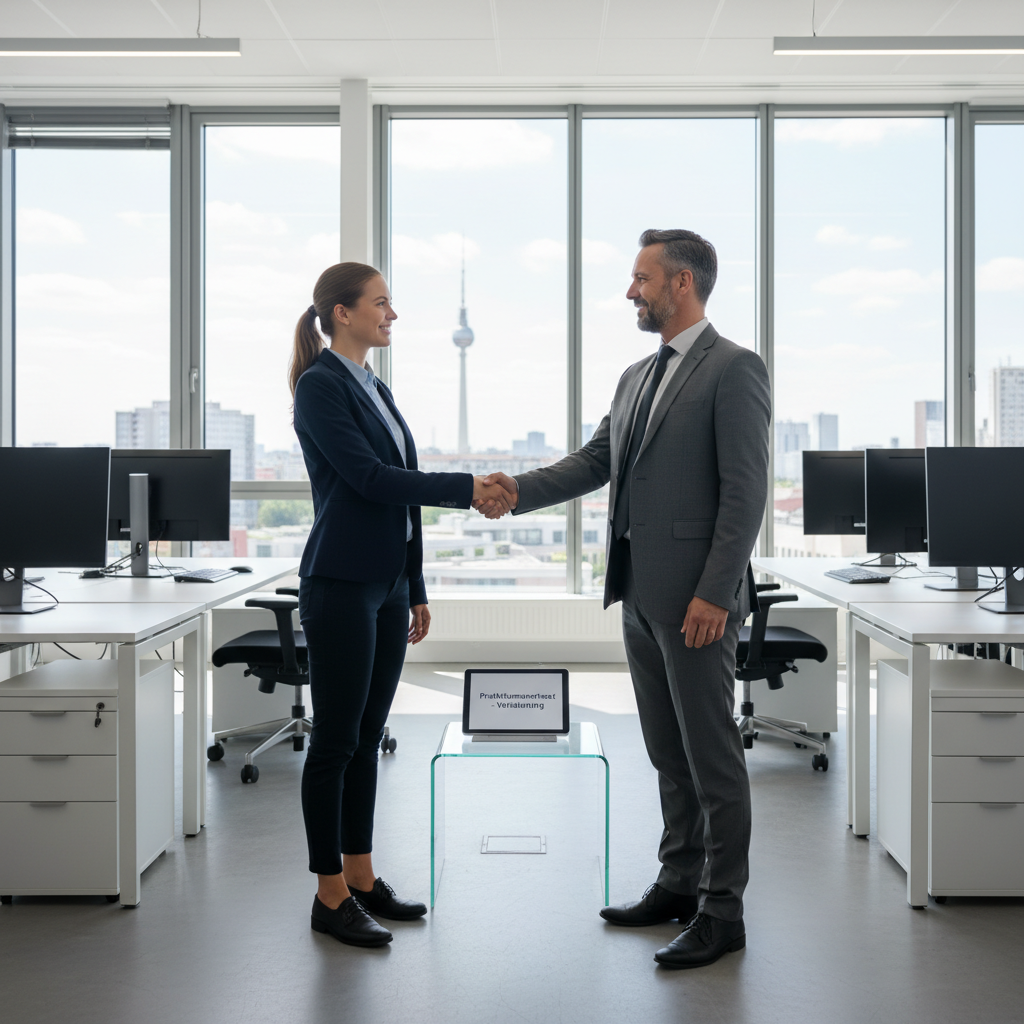 A photorealistic image of a young adult professional in a modern German office setting, shaking hands with a colleague over a desk, symbolizing the start of an internship or apprenticeship, with subtle German elements like a flag or city skyline in the background. No children or minors are present. The image conveys professionalism, opportunity, and career beginnings without focusing on any documents.