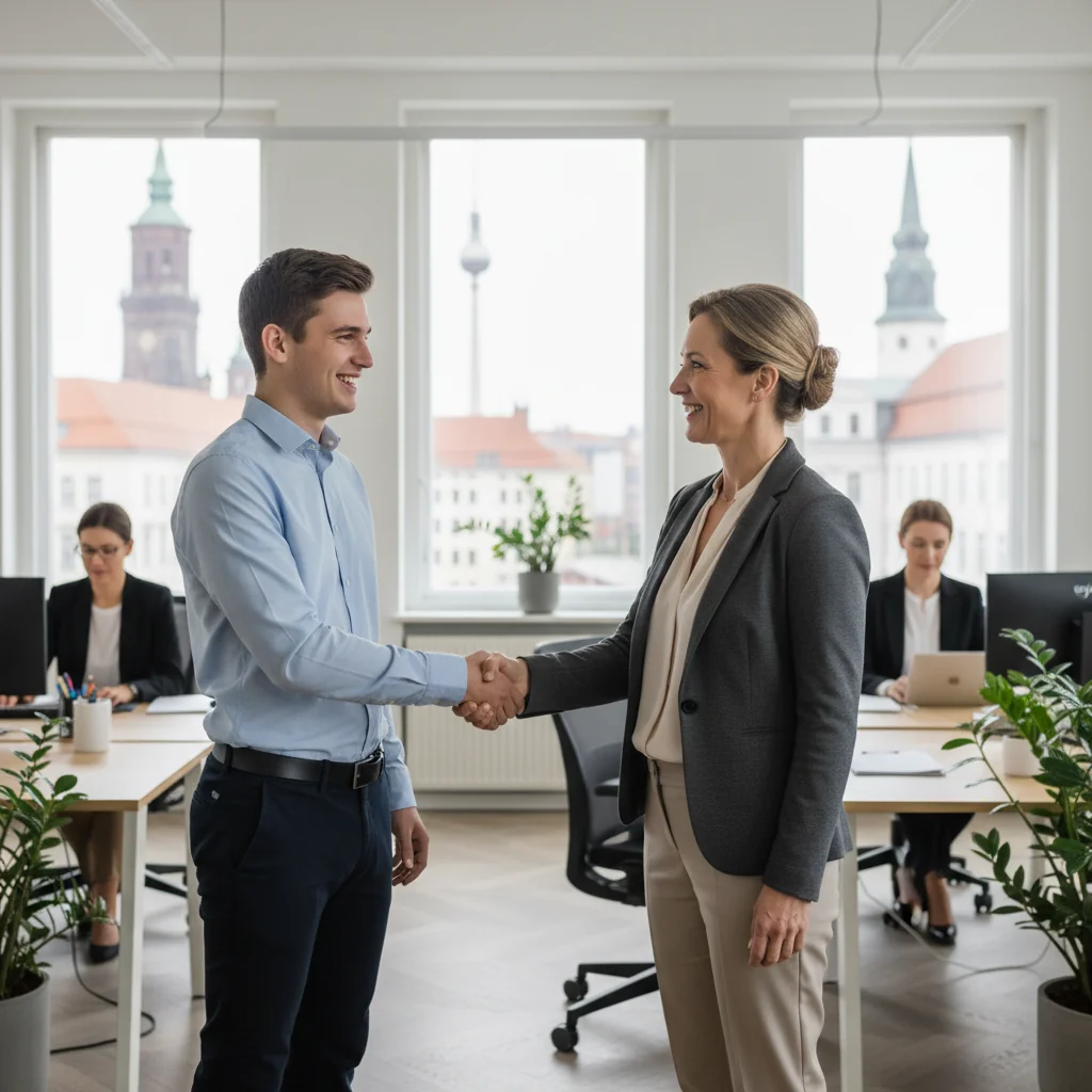 A photorealistic image of a young adult professional in a modern German office, shaking hands with a supervisor over a desk, symbolizing the start of an internship or praktikum, with subtle German elements like a flag or cityscape in the background, conveying professionalism and opportunity without showing any documents.