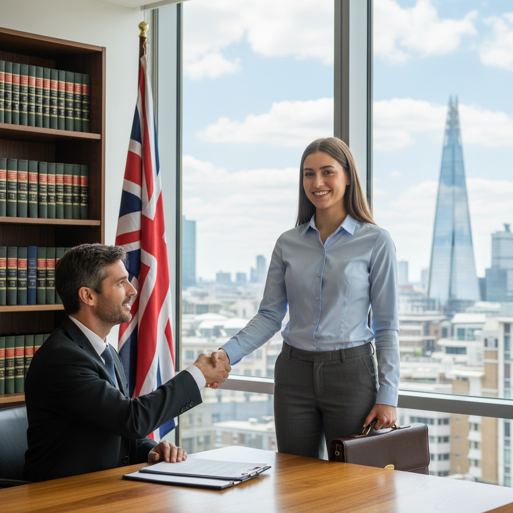 A photorealistic image of a young adult intern in a professional UK office setting, shaking hands with a mentor or supervisor, symbolizing the start of an internship agreement. The scene conveys opportunity, professionalism, and collaboration, with elements like a modern office desk, UK flag subtly in the background, and the intern dressed in business casual attire. No children are present, and the image is strictly photorealistic, not a graphic or drawing.