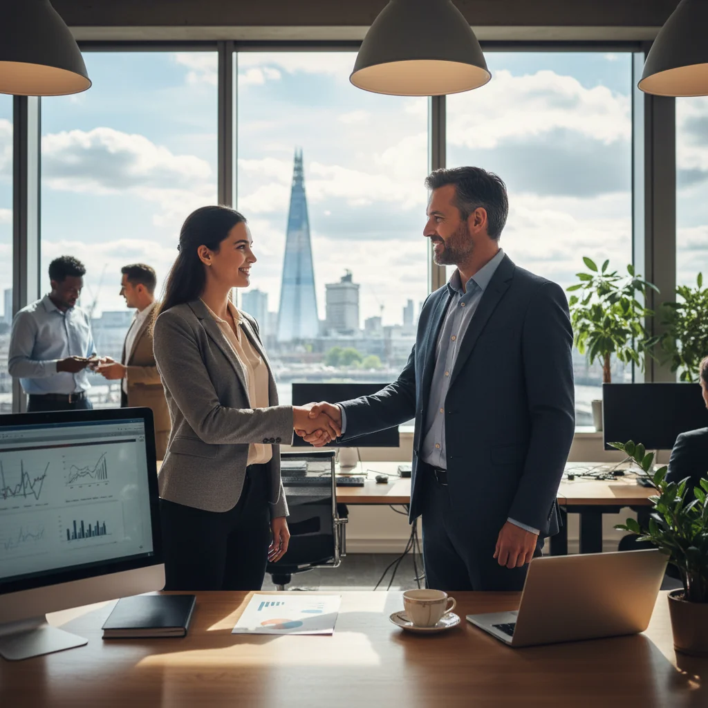 A photorealistic image of a young adult intern in a professional office setting in the United Kingdom, shaking hands with a mentor or supervisor, symbolizing the start of an internship agreement. The scene conveys professionalism, opportunity, and career development, with subtle UK elements like a Union Jack flag or London skyline in the background. No children are present in the image.