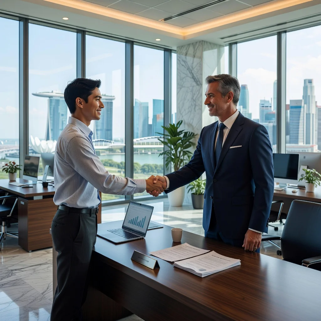 A photorealistic image of a young adult intern in a modern Singapore office, shaking hands with a professional mentor, symbolizing the start of an internship agreement, with subtle Singapore skyline in the background.