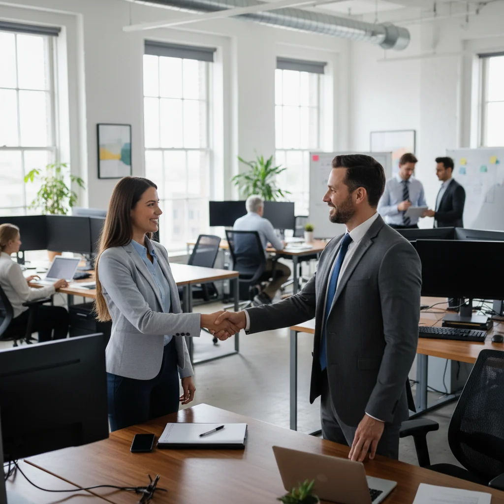 A photorealistic image of a young adult intern in a professional office setting, shaking hands with a mentor or supervisor, symbolizing the start of an internship agreement, with a modern workspace in the background including desks and computers, conveying professionalism and opportunity without showing any legal documents.