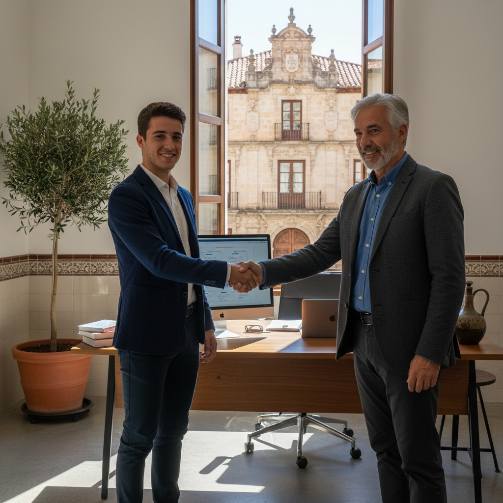 A photorealistic image of a young adult professional in Spain starting their first internship, shaking hands with a mentor in a modern office environment, symbolizing the beginning of practical work experience under a training contract, with Spanish cultural elements like a subtle flag or architecture in the background. No children present.