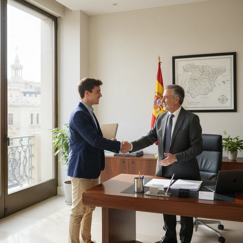 A photorealistic image of a young adult professional in a modern Spanish office, shaking hands with a mentor during a training session, symbolizing the start of a practical internship. The scene conveys enthusiasm, learning, and professional growth, with elements like a laptop and coffee on a desk in the background, set in a bright, contemporary workspace in Spain. No children are present in the image.