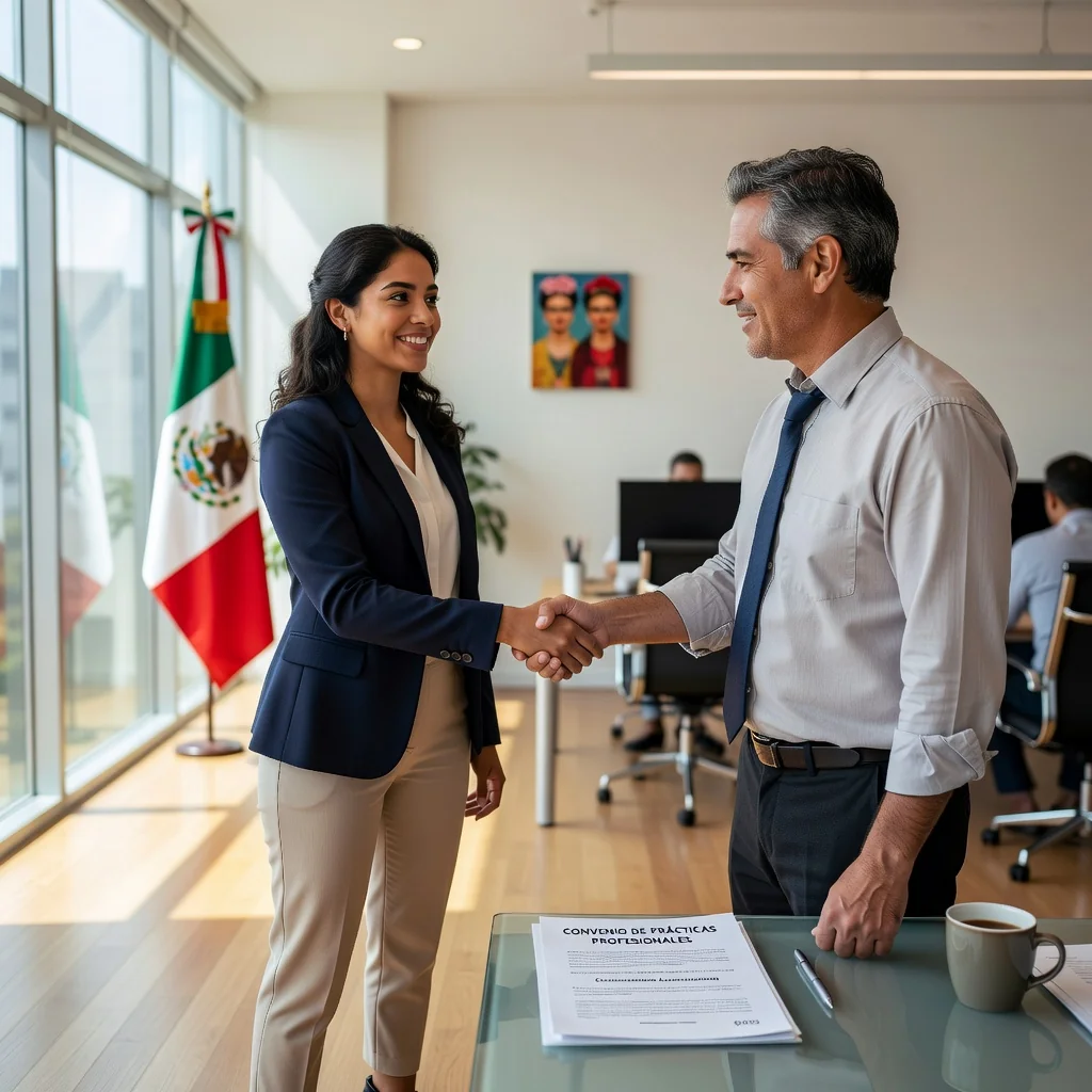 A photorealistic image of a young adult professional in a modern Mexican office setting, shaking hands with a mentor during an internship orientation, symbolizing the start of a professional training agreement. The scene captures enthusiasm and professionalism, with elements like a laptop and coffee mug on a desk in the background, representing career development through internships in Mexico. No children are present in the image.