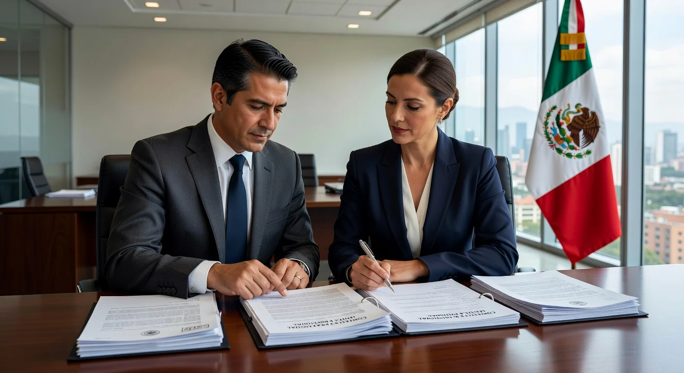 Mexican legal professionals reviewing documents