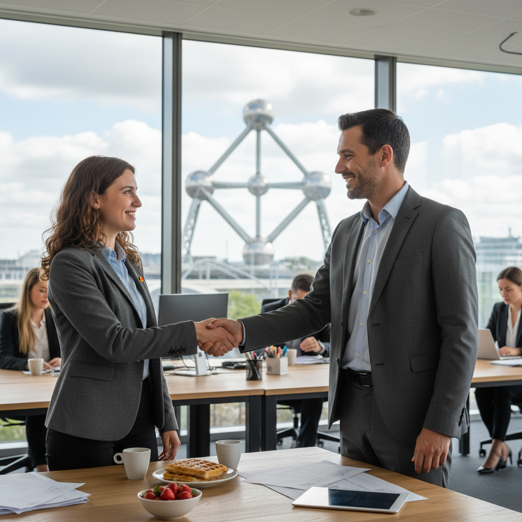 A photorealistic image of a young adult intern in a professional office environment in Belgium, engaging in a productive task such as discussing with a mentor or working at a desk with a laptop, conveying enthusiasm and learning, with subtle Belgian elements like a flag or Brussels architecture in the background. No children are present.