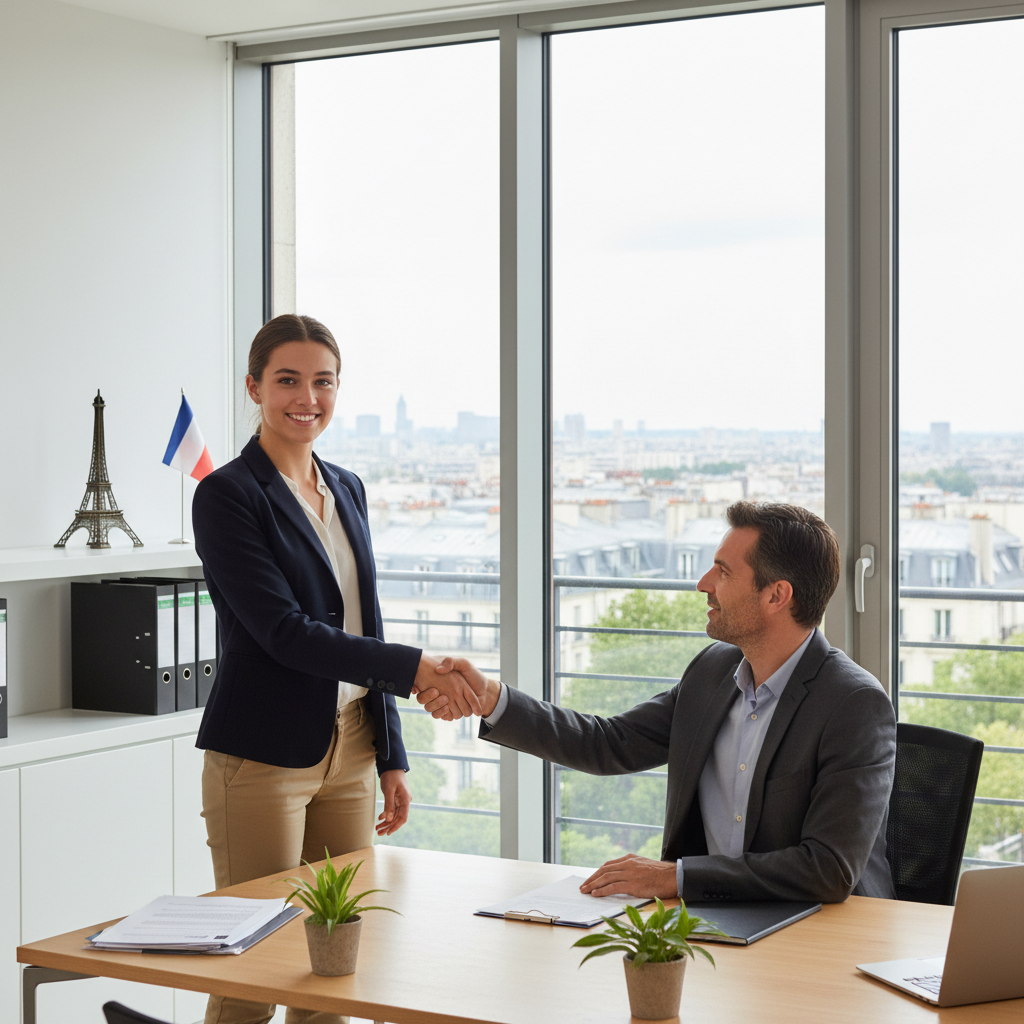 A photorealistic image of a young adult intern in a professional French office setting, shaking hands with a supervisor, symbolizing the start of an internship agreement, with subtle French elements like a flag or Eiffel Tower in the background, no children present.