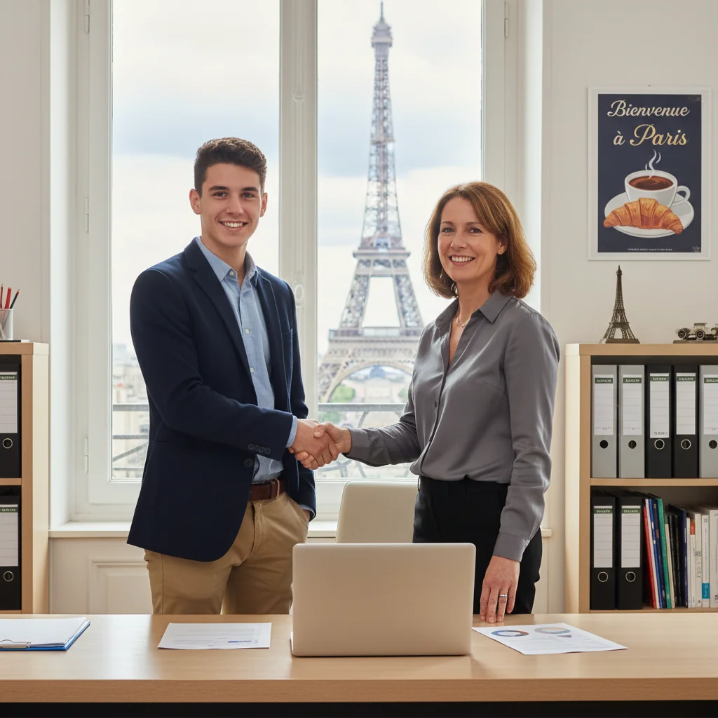 A photorealistic image of a young adult intern in a professional French office setting, shaking hands with a supervisor during an internship orientation, symbolizing the start of a work experience placement. The scene conveys professionalism, opportunity, and legal agreement without showing any documents. No children are present.