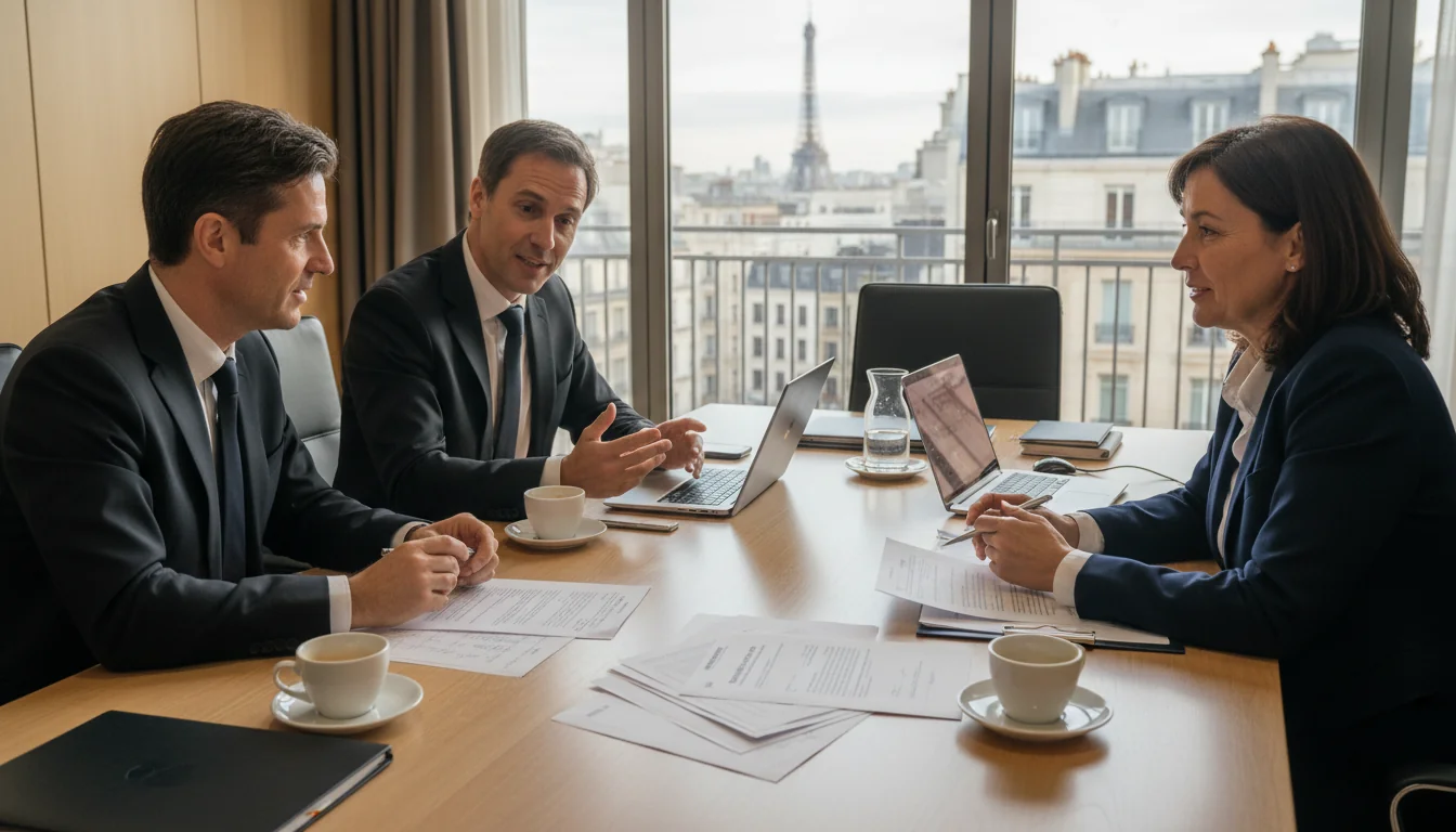 Business meeting discussing stage terms