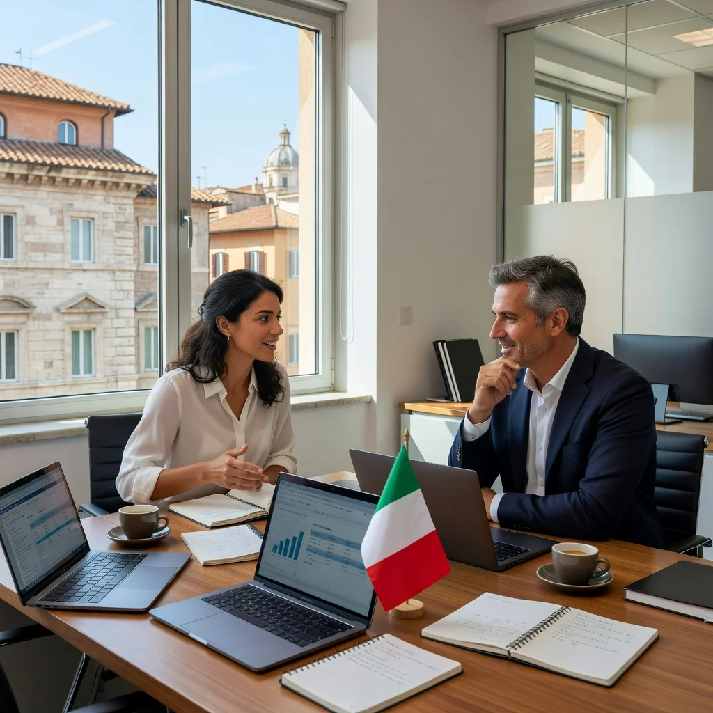 A photorealistic image of a young adult intern in a professional Italian office setting, engaged in collaborative work with colleagues, symbolizing the purpose of internship agreements in Italy, with subtle Italian elements like a flag or architecture in the background, no children present.