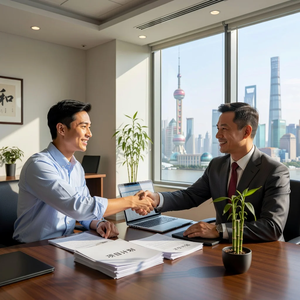 A photorealistic image depicting a young adult intern in a professional office setting in China, shaking hands with a mentor or supervisor, symbolizing the start of an internship agreement, with modern Chinese office elements in the background, no children present.