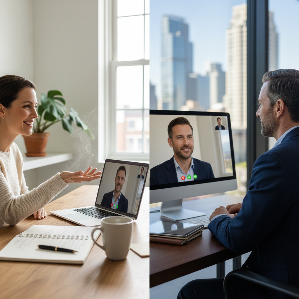 A photorealistic image depicting a professional remote work negotiation scene, showing two adults - one in a modern home office setup with a laptop and video call screen, and the other in a corporate office, engaged in a positive discussion via video conference. The focus is on effective telework agreement implementation, conveying balance, productivity, and collaboration in a work-from-home environment. No children, no legal documents visible.